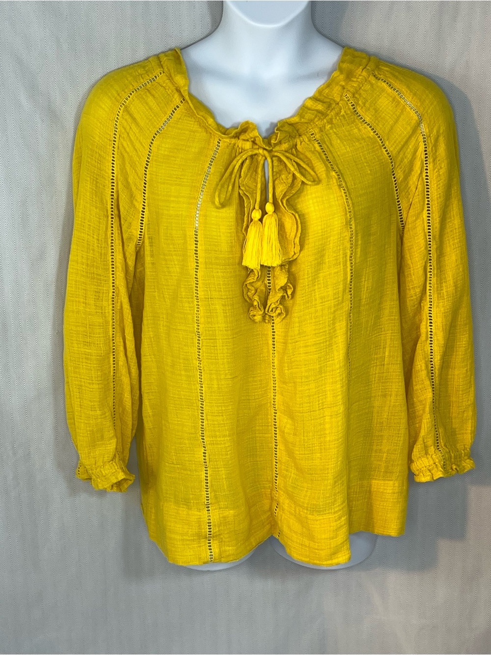 Sundance Top Yellow Gauze Boho Peasant Ruffle Tassel at Neck Ladder Stitch PM👍